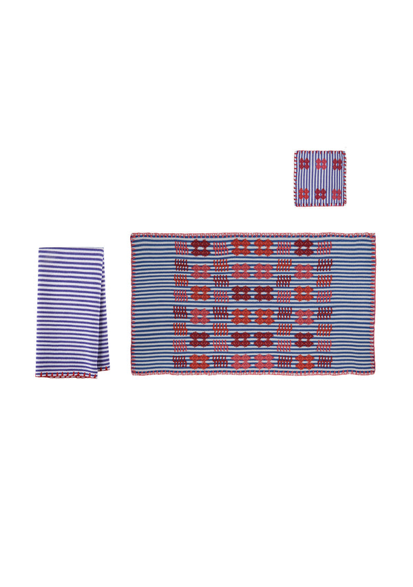 Pippa Holt Set No.38 Napkin Coaster And Placemat Set In Purple And White Stripe With Multi-coloured Motif