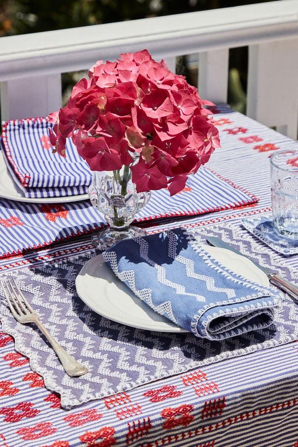 pippa holt Set No.38 Napkin coaster and placemat set in purple and white stripe with multi-coloured motif