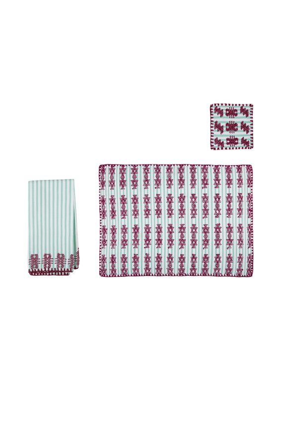 Pippa Holt Set No.65 Napkin Coaster And Placemat Set In Mint And White Stripe With Burgundy Motif