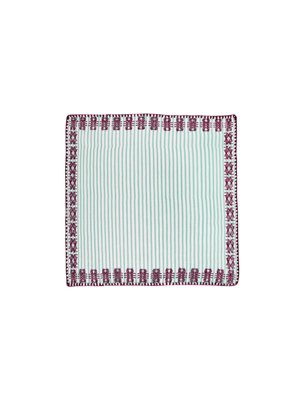 Pippa Holt Set No.65 Napkin Coaster And Placemat Set In Mint And White Stripe With Burgundy Motif