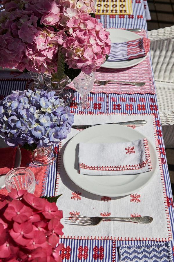 pippa holt Set No.65 Napkin coaster and placemat set in mint and white stripe with burgundy motif