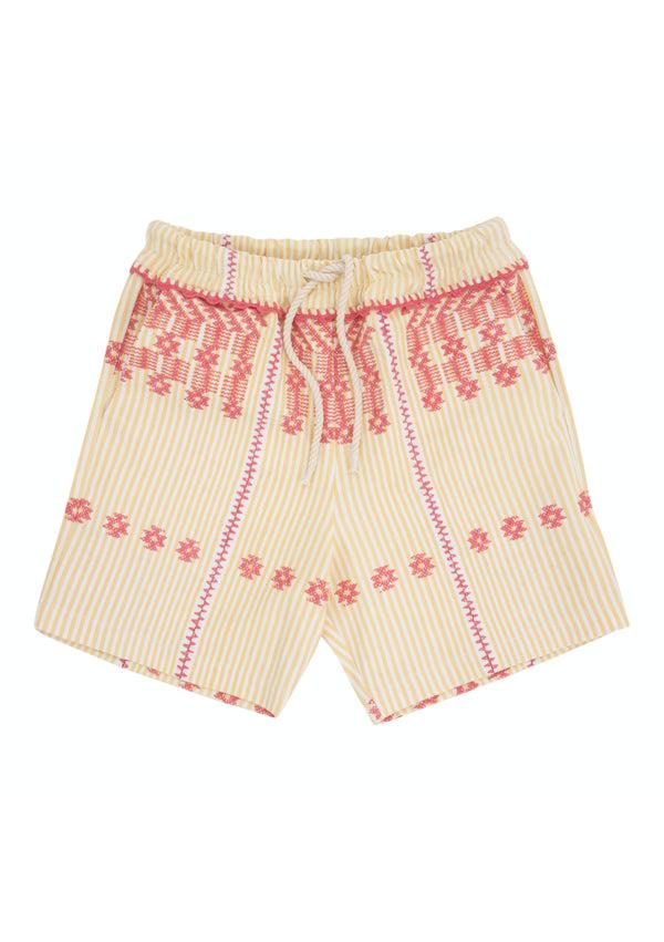 pippa holt Shorts No.166 Hat in banana yellow and white stripes with pink motifs