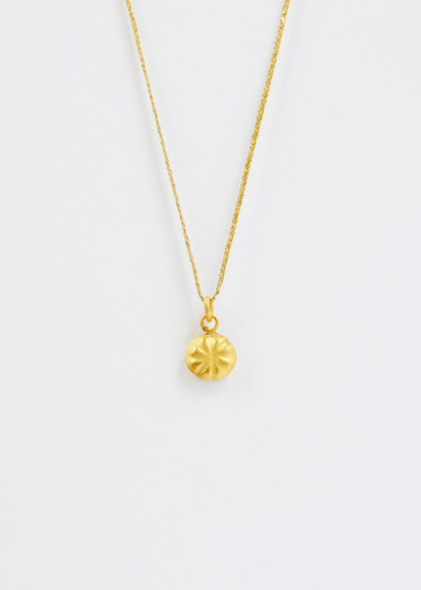 pippa small 18kt Colombian Gold Stamped Rosette Pendant on Cord