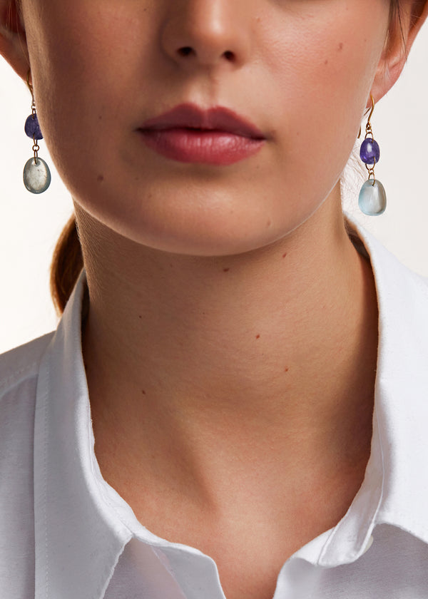 Pippa Small 18kt Gold Aquamarine & Tanzanite Double Drop Earrings