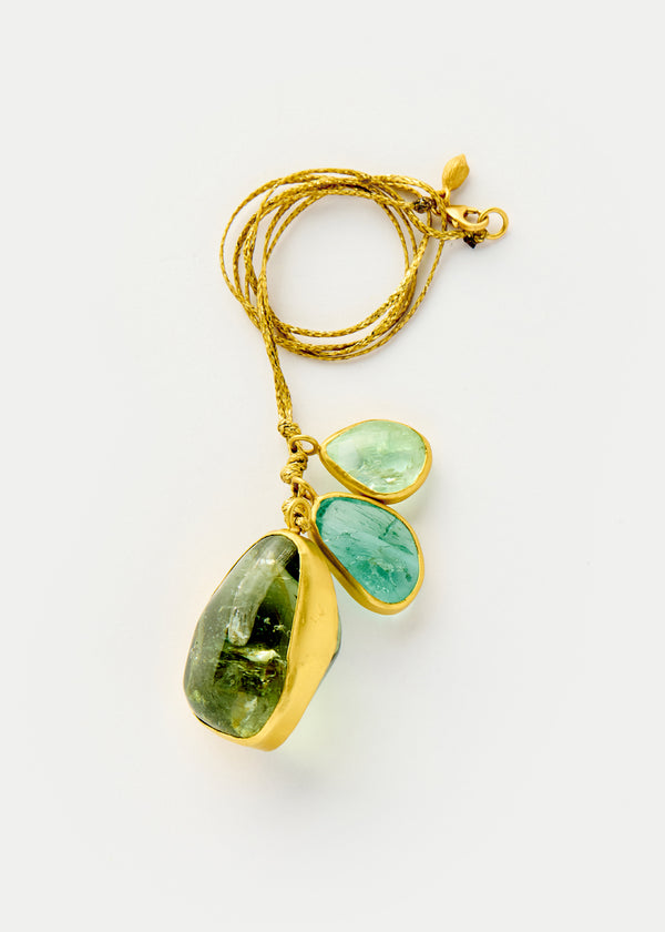 Pippa Small 18kt Gold Cerulean Green Tourmaline & Emerald Cluster On Cord
