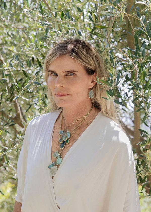 Pippa Small 18kt Gold Cerulean Green Tourmaline & Emerald Cluster On Cord