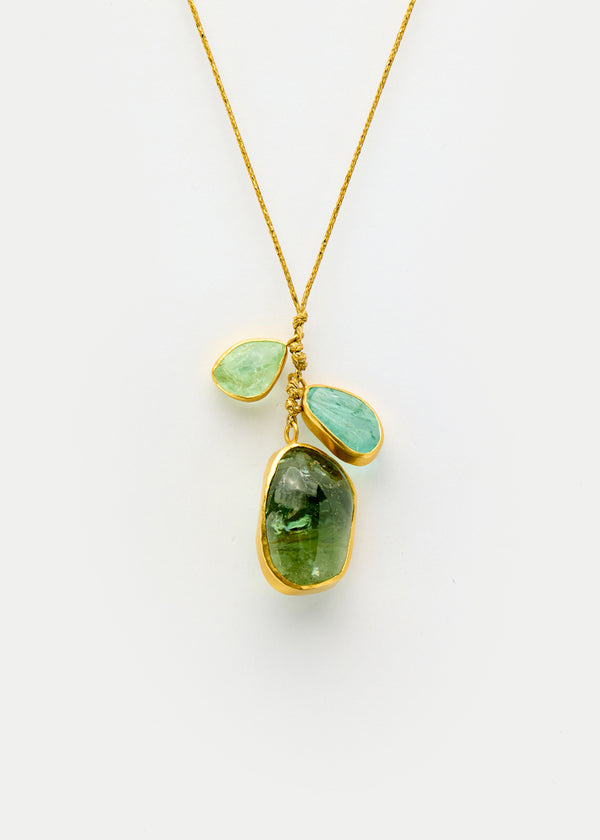 pippa small 18kt Gold Cerulean Green Tourmaline & Emerald Cluster on Cord