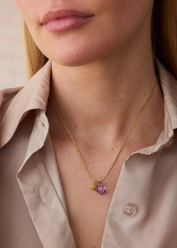 Pippa Small 18kt Gold Drill & Loop Amethyst With Gold Star On Cord