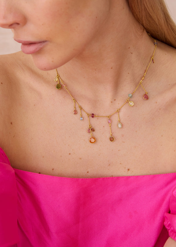 Pippa Small 18kt Gold Hanabi Mixed Stones Fringe Necklace