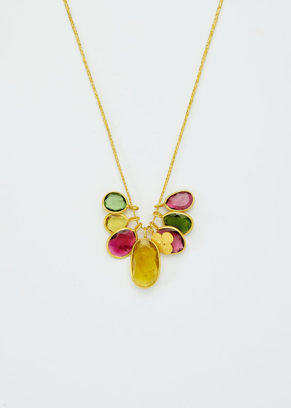 pippa small 18kt Gold Iris Mixed Tourmaline Cluster & Anemone Amulet on Cord