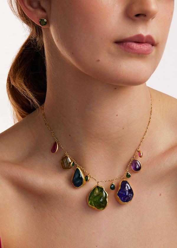 Pippa Small 18kt Gold Large Mixed Stones Collet Set Necklace