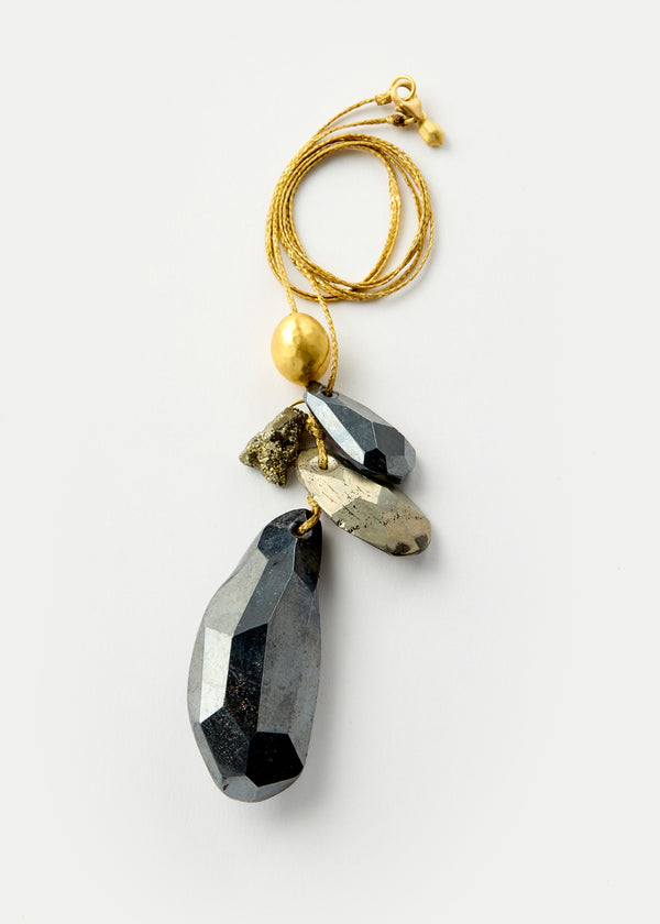 Pippa Small 18kt Gold Night Hematite & Pyrite Cluster With Gold Bead On Cord