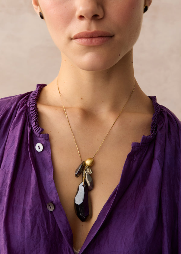 Pippa Small 18kt Gold Night Hematite & Pyrite Cluster With Gold Bead On Cord