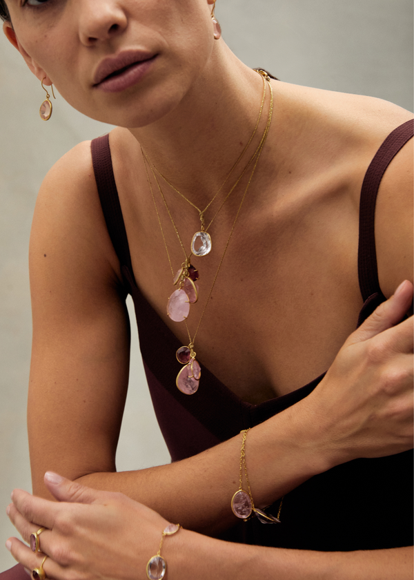 Pippa Small 18kt Gold Pink Agra Pink Tourmaline Morganite & Rose Quartz Cluster On Cord