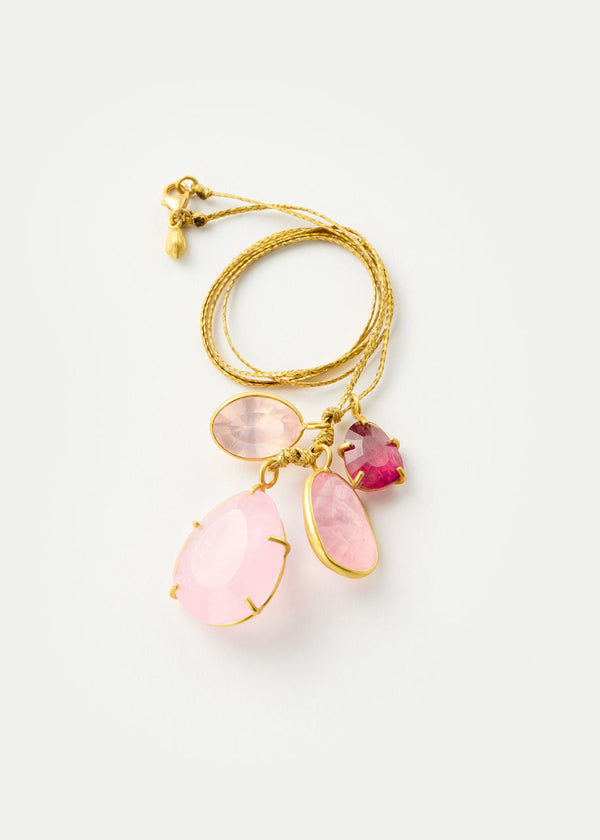 Pippa Small 18kt Gold Pink Agra Pink Tourmaline Morganite & Rose Quartz Cluster On Cord