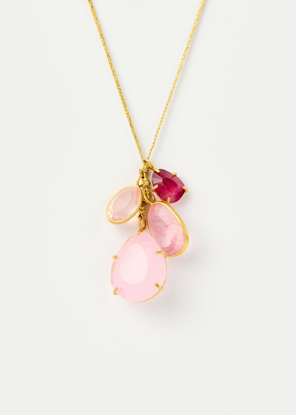 pippa small 18kt Gold Pink Agra Pink Tourmaline Morganite & Rose Quartz Cluster on Cord