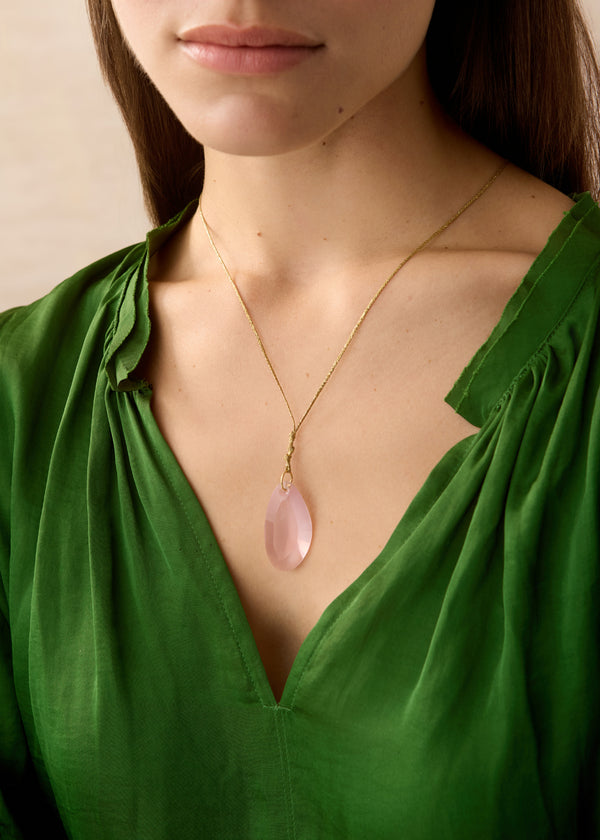 Pippa Small 18kt Gold Pink Agra Rose Quartz Drill & Loop Amulet On Cord