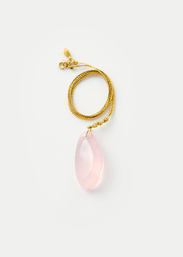 pippa small 18kt Gold Pink Agra Rose Quartz Drill & Loop Amulet on Cord