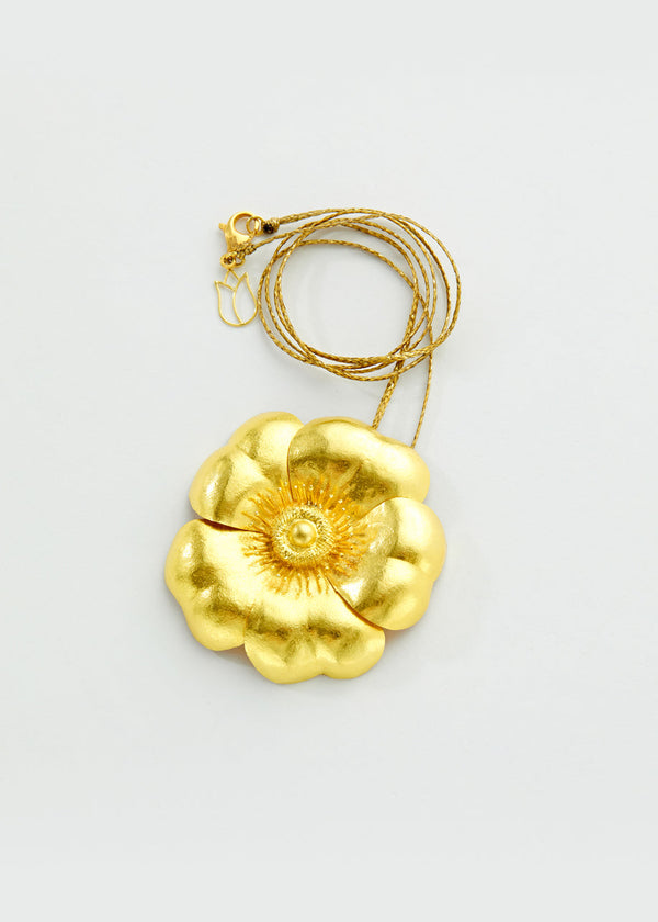 Pippa Small 18kt Gold PSTM Myanmar Gangaw Poppy Large Flower Pendant On Cord