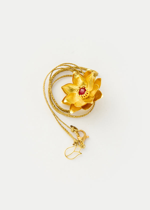 Pippa Small 18kt Gold PSTM Myanmar Lotus Pendant With Spinel On Cord