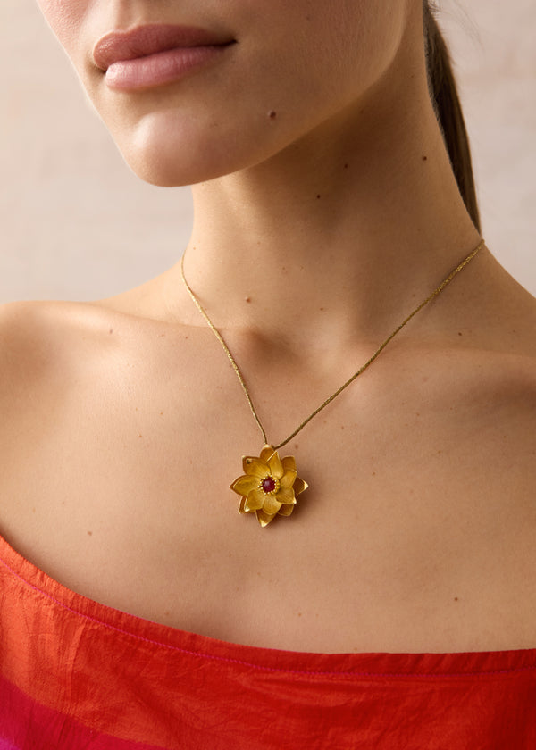 Pippa Small 18kt Gold PSTM Myanmar Lotus Pendant With Spinel On Cord