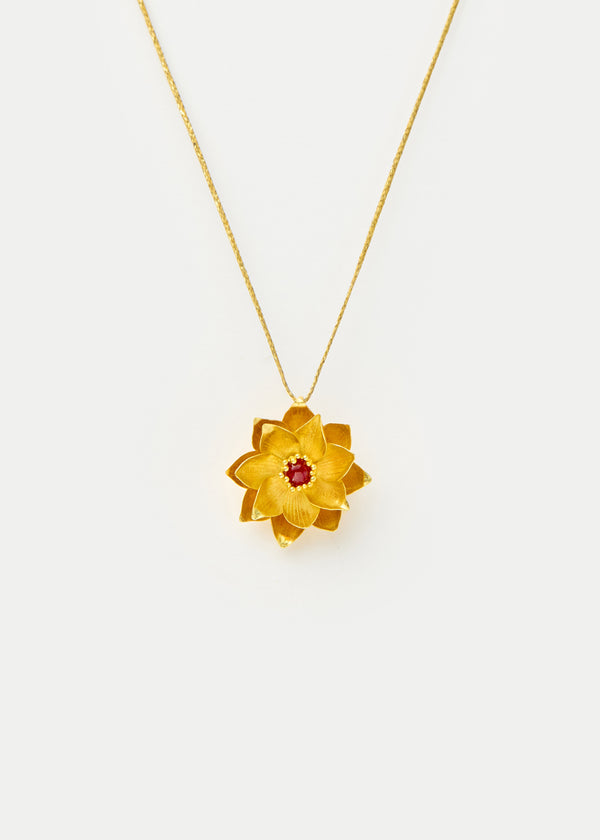pippa small 18kt Gold PSTM Myanmar Lotus Pendant with Spinel on Cord