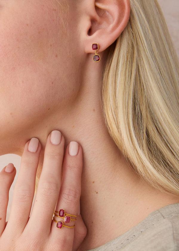 Pippa Small 18kt Gold PSTM Myanmar Red Spinel Double Drop Earrings