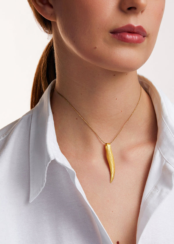 Pippa Small 18kt Gold PSTM Myanmar Single Palm Leaf Pendant On Cord