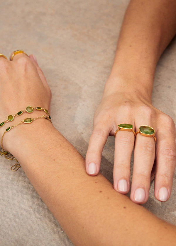 Pippa Small 18kt Gold PSTM Myanmar Tender Greens Peridot & Diopside Three Stone Bracelet