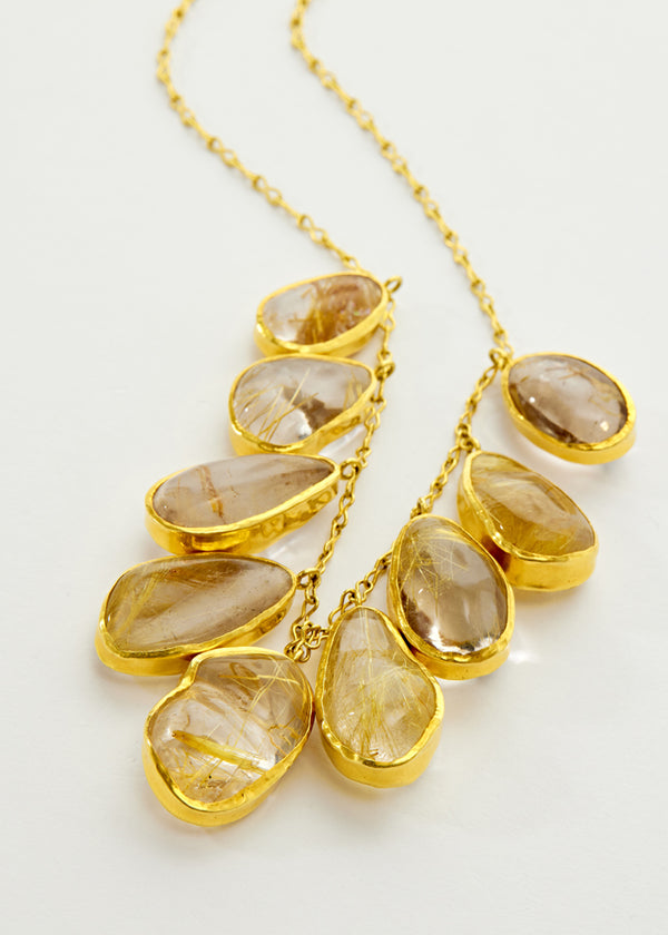 Pippa Small 18kt Gold Rutilated Quartz Nine Stone Fringe Necklace
