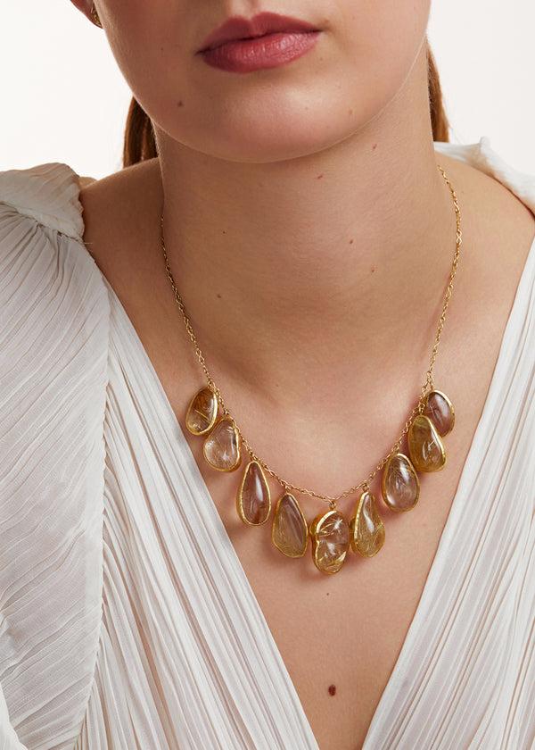 Pippa Small 18kt Gold Rutilated Quartz Nine Stone Fringe Necklace