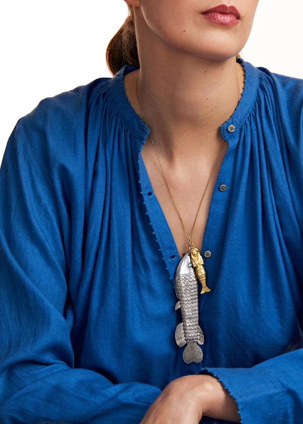 Pippa Small 18kt Gold & Sterling Silver PSTM Myanmar Fish And Mermaid On Cord