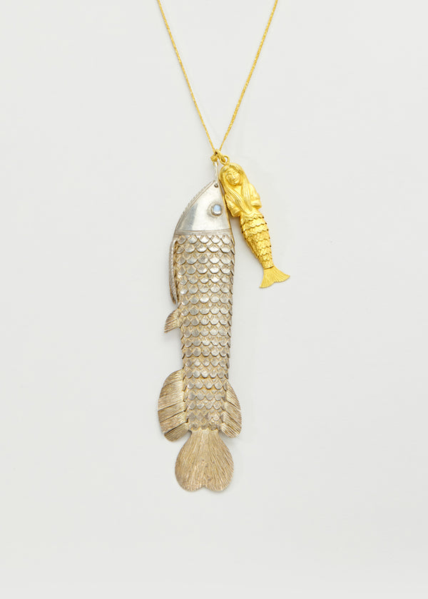 pippa small 18kt Gold & Sterling Silver PSTM Myanmar Fish and Mermaid on Cord