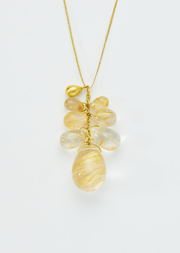 pippa small 18kt Gold Sun's Rays Rutilated Quartz Cluster on Cord