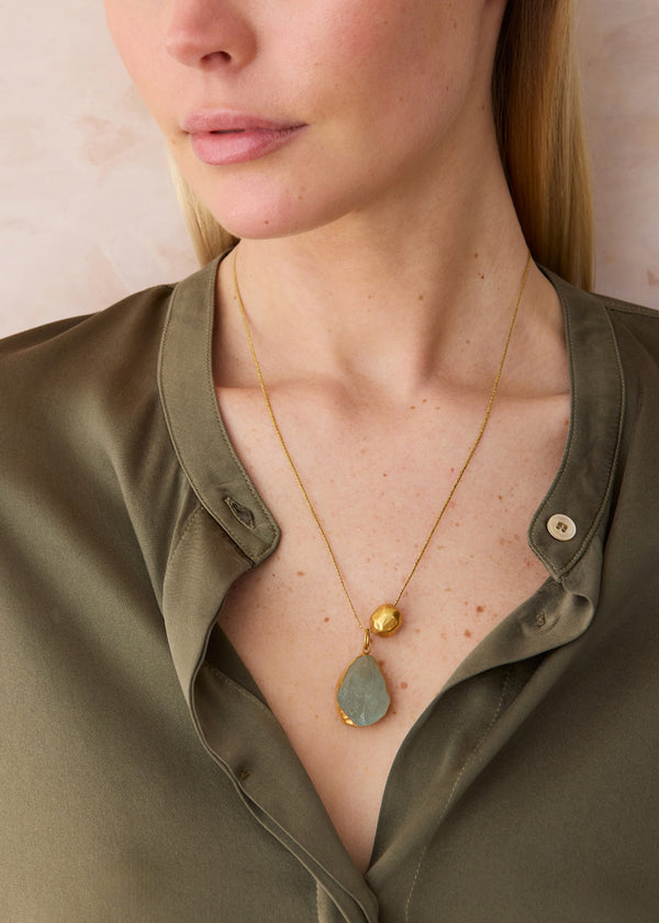 Pippa Small 18kt Gold Vermeil Afghanistan Zindagi Now Single Aquamarine Pendant & Gold Bead On Cord
