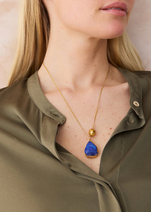 Pippa Small 18kt Gold Vermeil Afghanistan Zindagi Now Single Lapis Pendant & Gold Bead On Cord