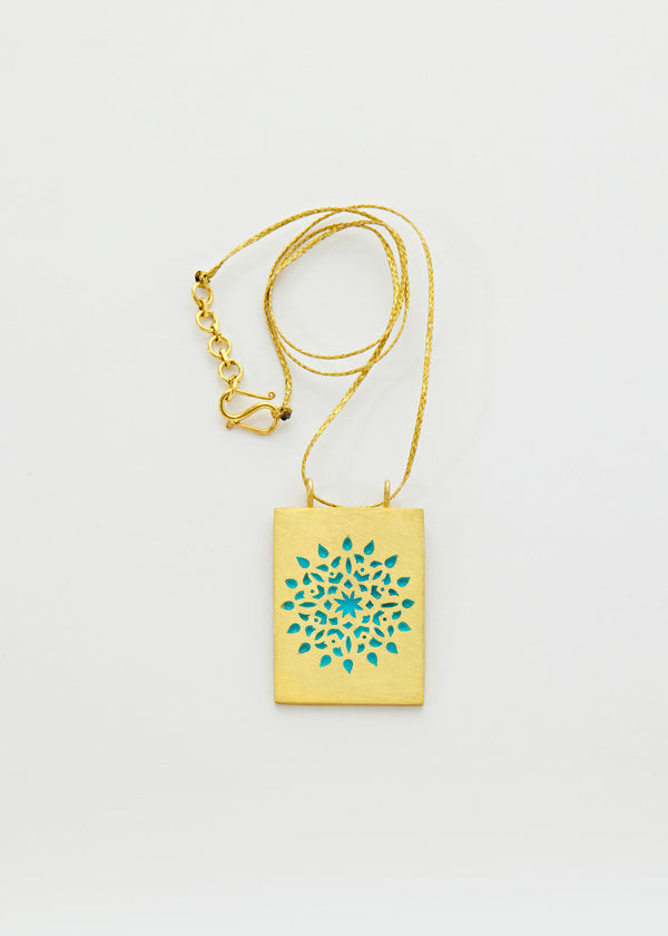 Pippa Small 18kt Gold Vermeil PSTM Jordan Sahlan Rectangular Turquoise Enamel Pendant On Cord