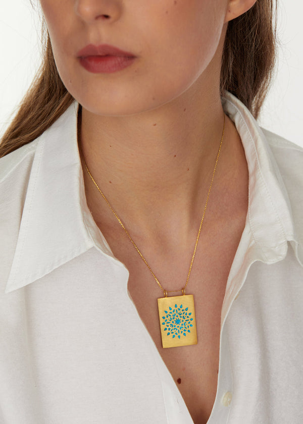Pippa Small 18kt Gold Vermeil PSTM Jordan Sahlan Rectangular Turquoise Enamel Pendant On Cord
