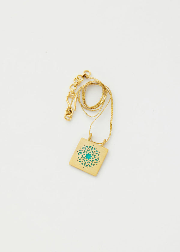 Pippa Small 18kt Gold Vermeil PSTM Jordan Sahlan Square Turquoise Enamel Pendant On Cord
