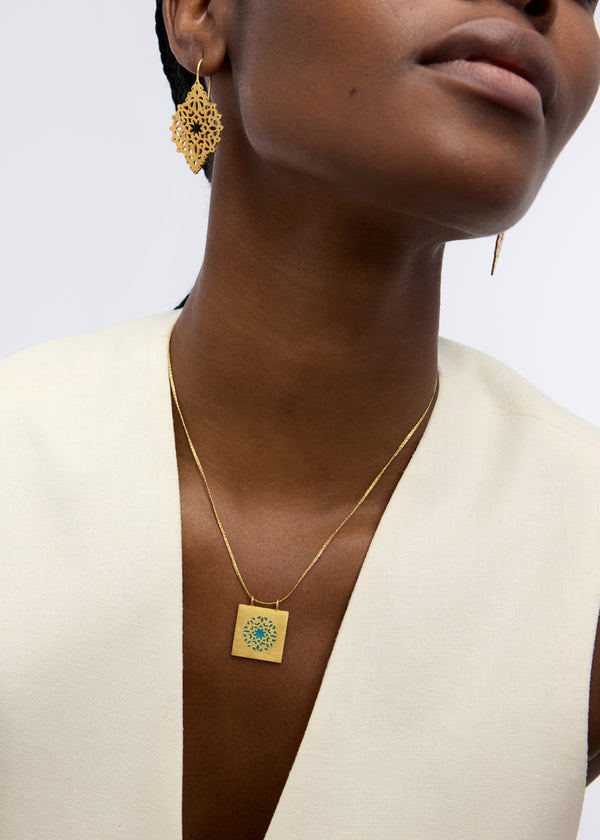 Pippa Small 18kt Gold Vermeil PSTM Jordan Sahlan Square Turquoise Enamel Pendant On Cord