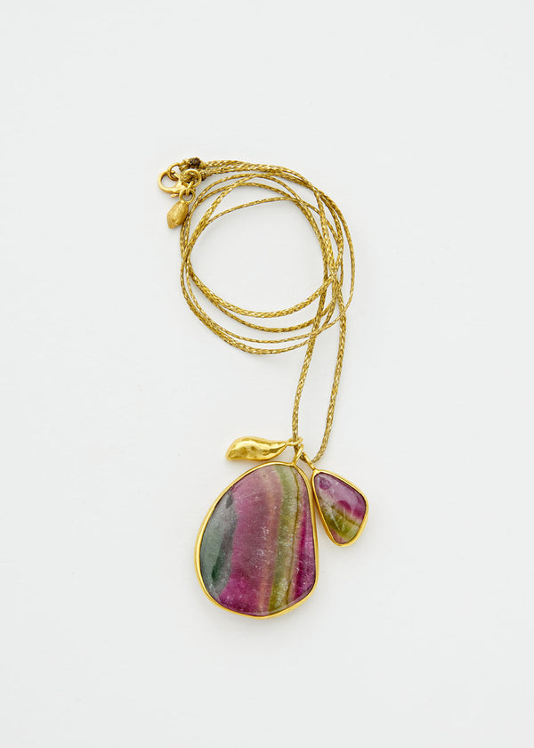 Pippa Small 18kt Gold Watermelon Tourmaline Collet Set Amulets On Cord