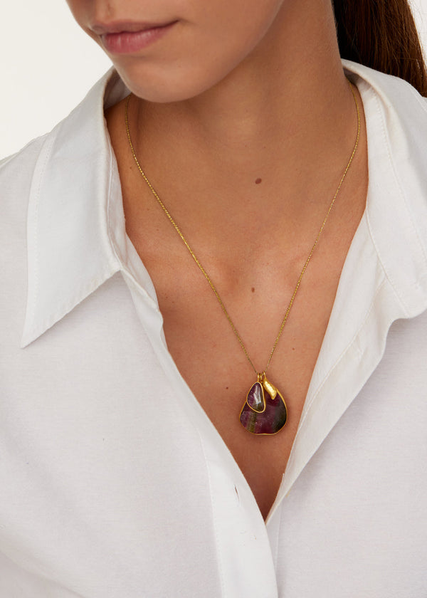 Pippa Small 18kt Gold Watermelon Tourmaline Collet Set Amulets On Cord