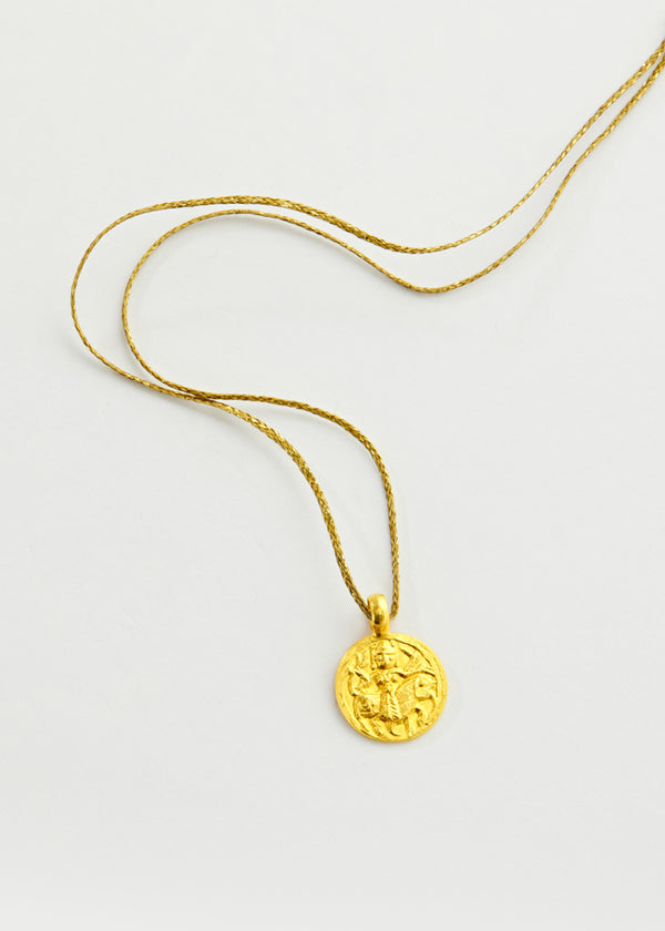 Pippa Small 22kt Gold Goddess Durga Round Pendant On Cord