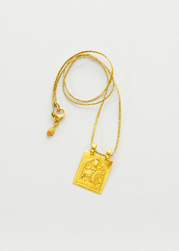 Pippa Small 22kt Gold Goddess Durga Square Pendant On Cord
