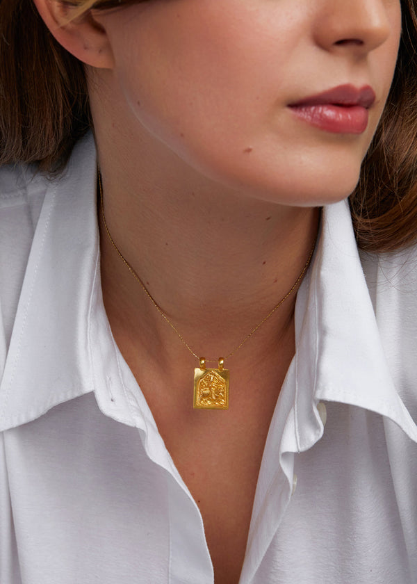 Pippa Small 22kt Gold Goddess Durga Square Pendant On Cord