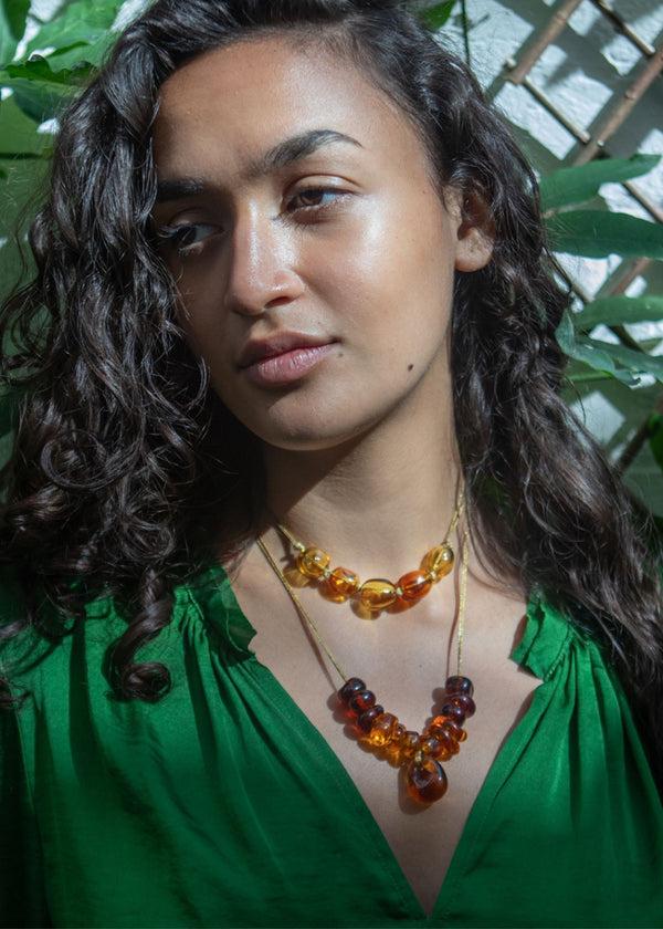 Pippa Small Azaz Amber Glass Multi Beaded Necklace On Cord