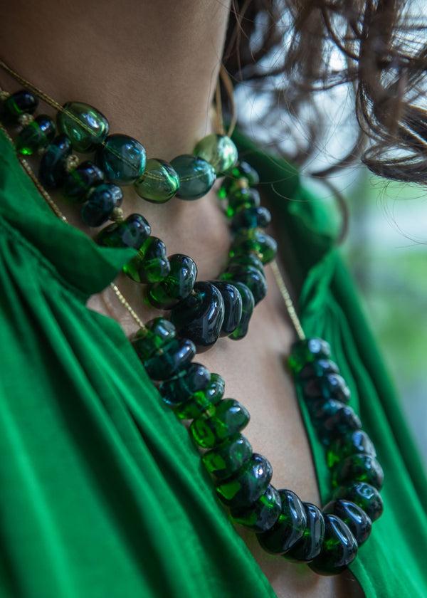 Pippa Small Azaz Green Glass Multi Bead Necklace On Cord