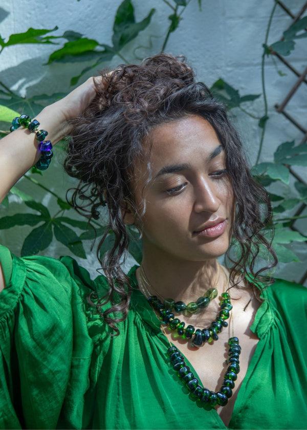 Pippa Small Azaz Tonal Greens Glass Multi Beaded Bracelet On Cord