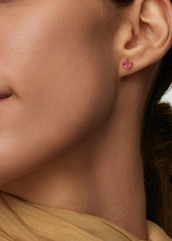 Pippa Small 18kt Gold Pink Tourmaline Square Studs