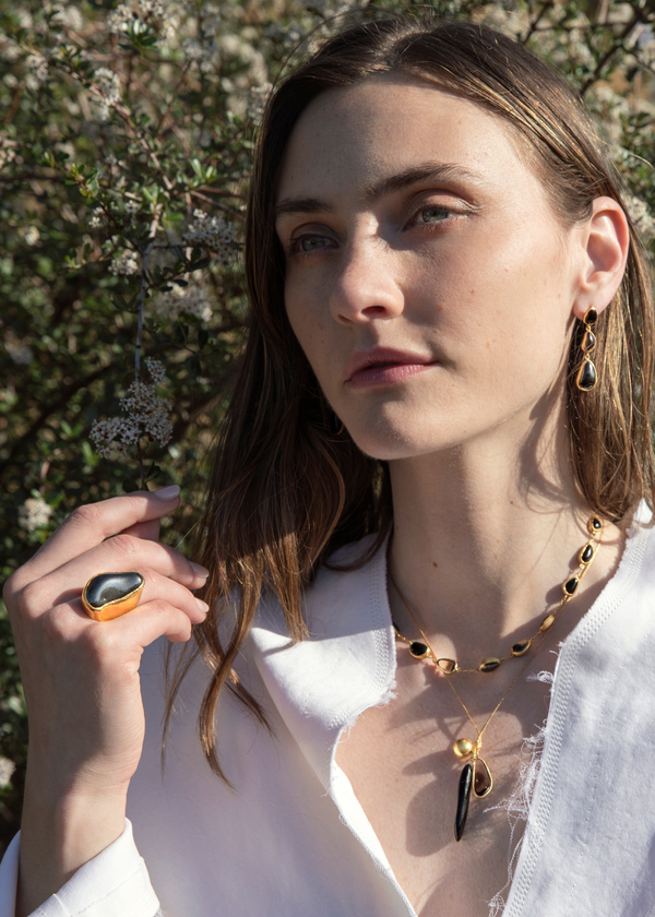 Pippa Small 22kt Gold Night Hematite Tibetan Ring